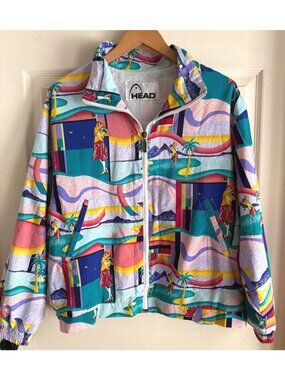 size L vintage HEAD golf theme print multicolor windbreaker full zip jacket ligh